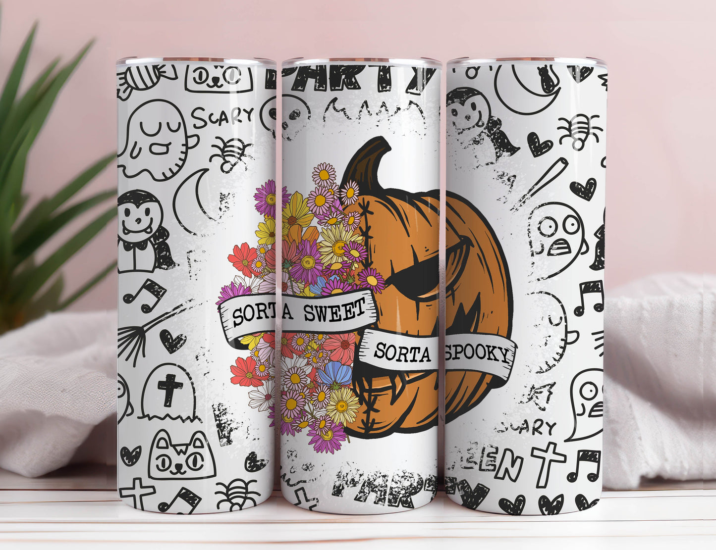 Sorta Sweet Sorta Spooky Seamless Tumbler Wrap, Floral Pumpkin Png, 20 oz Tumbler Wrap, Halloween Tumbler Wrap, Spooky Tumbler