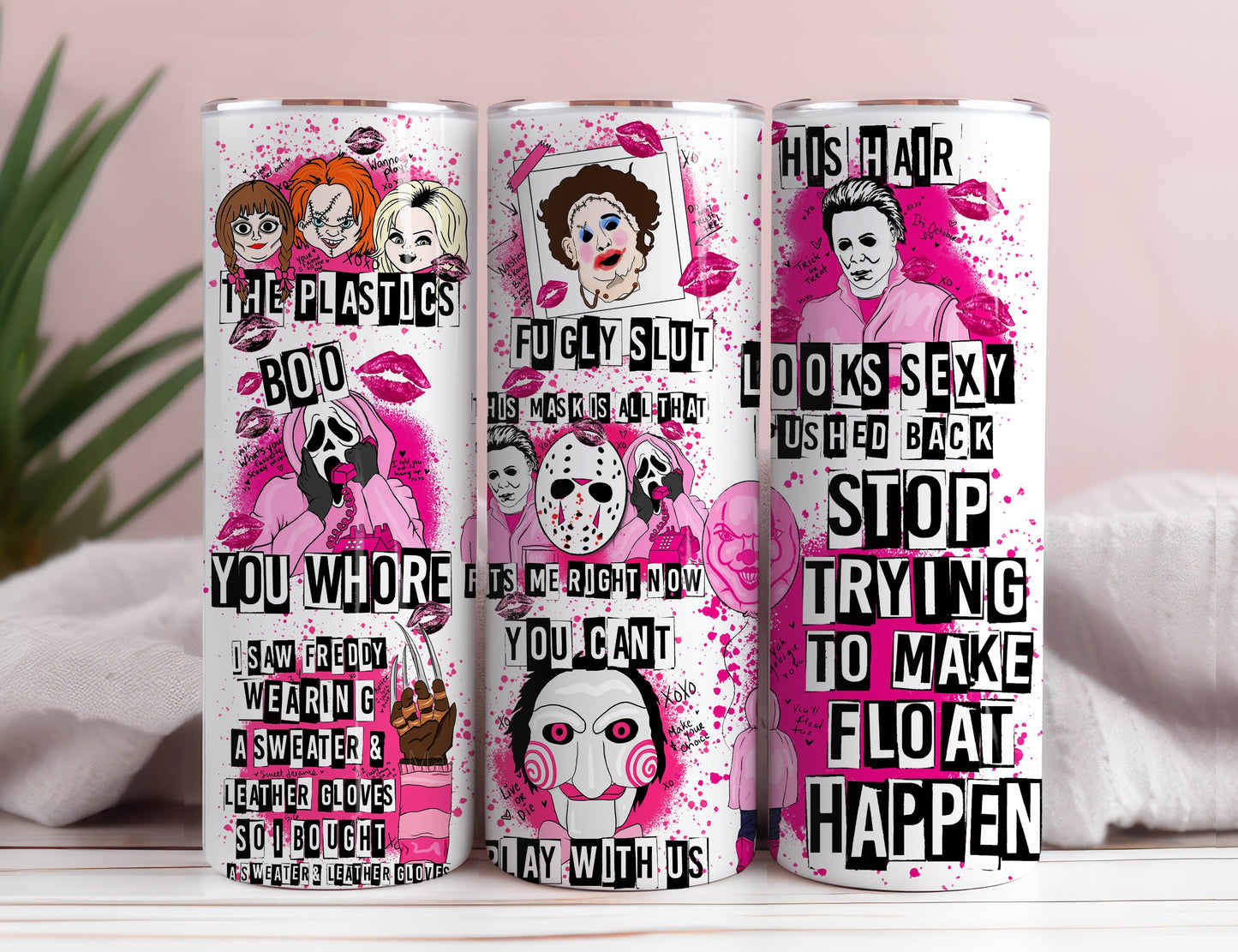 Movies Characters 20oz Tumbler Png, Horror Characters Tumbler 20oz Png, Pink Halloween 20 oz Tumbler Wrap, 20 oz Skinny Tumbler Png