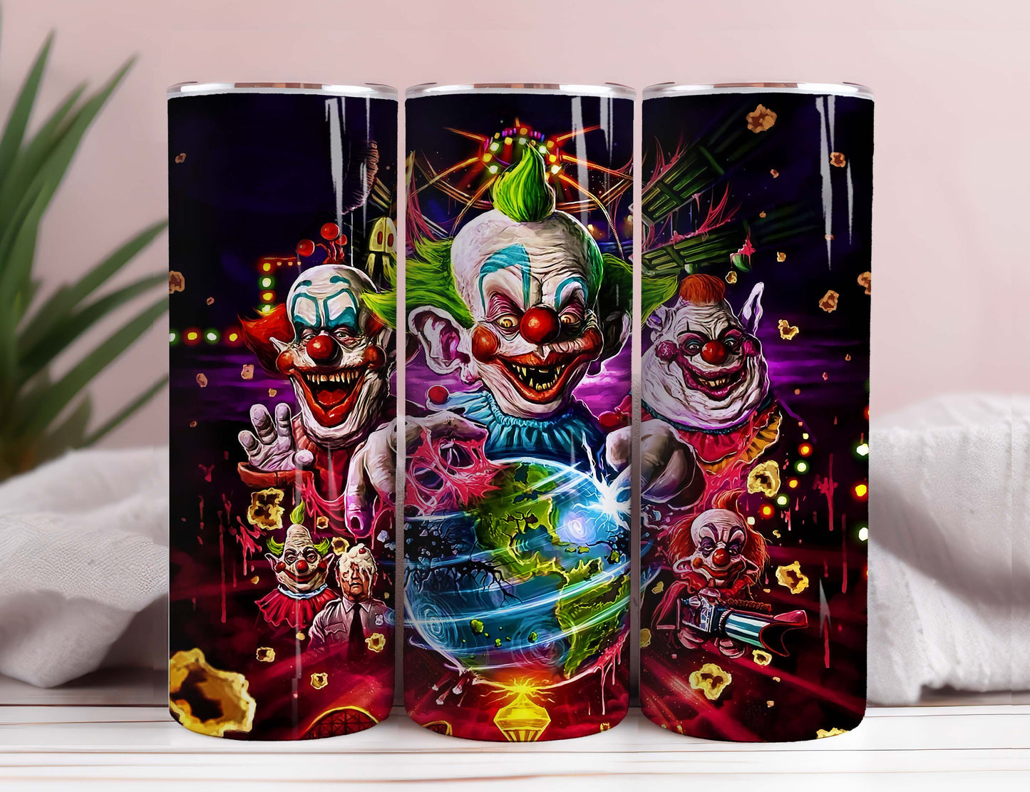 Halloween Killer Klowns Neon Tumbler PNG, 20oz Skinny Tumbler PNG, Sublimation Design Download, Coffee Tumbler Template Skinny Tumbler PNG,