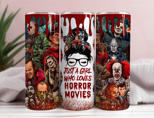 Girl Who loves Horror Movies 20oz Skinny Tumbler Wrap, Halloween Tumbler Wrap, Funny Skinny Tumbler PNG, Scary Movie Digital Download