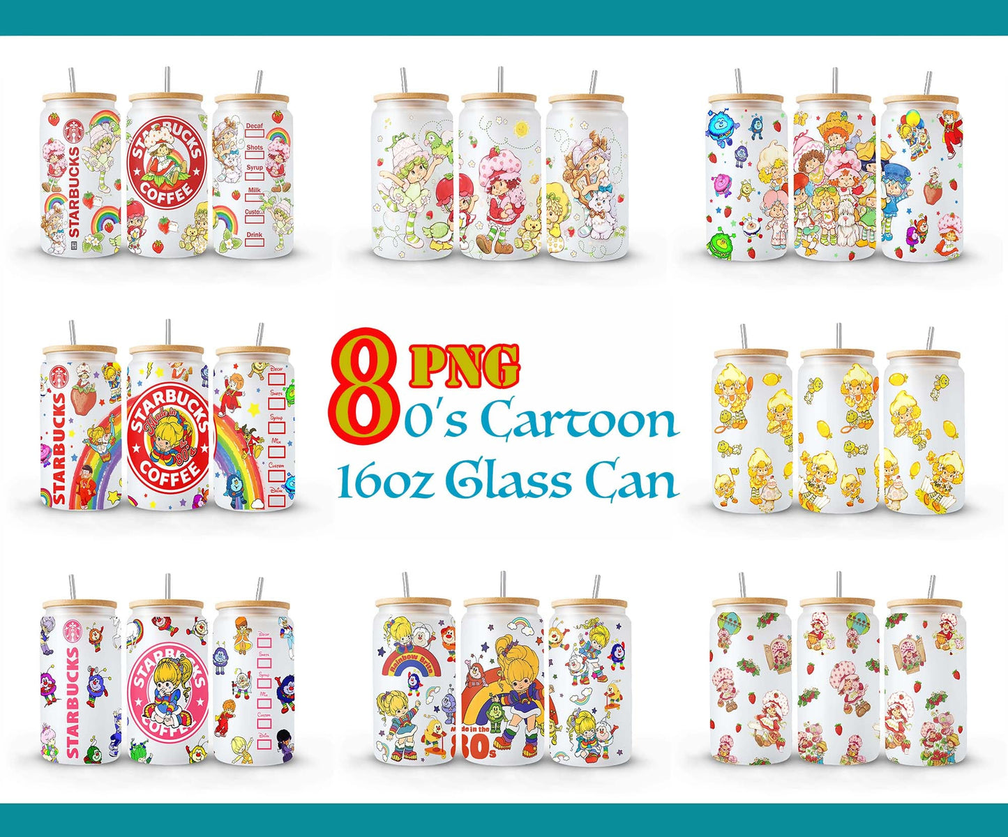 Bundle 8 Designs Cartoon 16oz Tumbler Wrap PNG, 16oz Glass Can Wrap, 16oz Libbey Can Glass, I love 80_s Tumbler Wrap, Full Glass Can Wrap, Cartoon Tumbler PNG