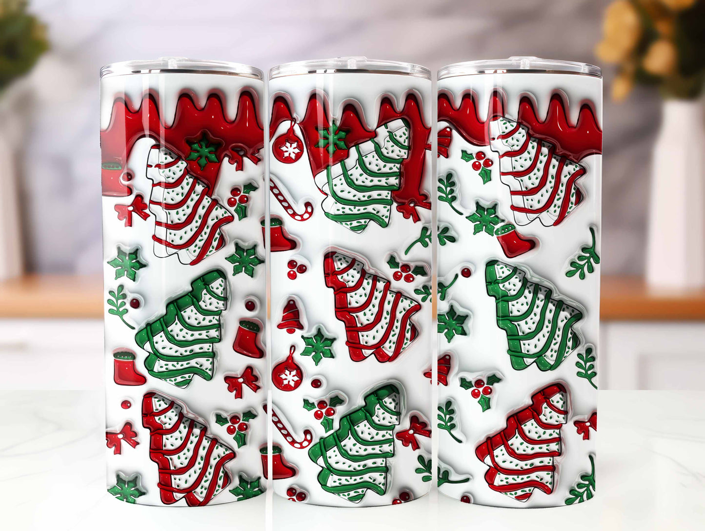 3D Christmas Tree Cakes Inflated Tumbler Wrap, Christmas Puff Tumbler, Xmas Coffee Puff Tumbler, Digital Download PNG, 3D Xmas Puff Design - VartDigitals