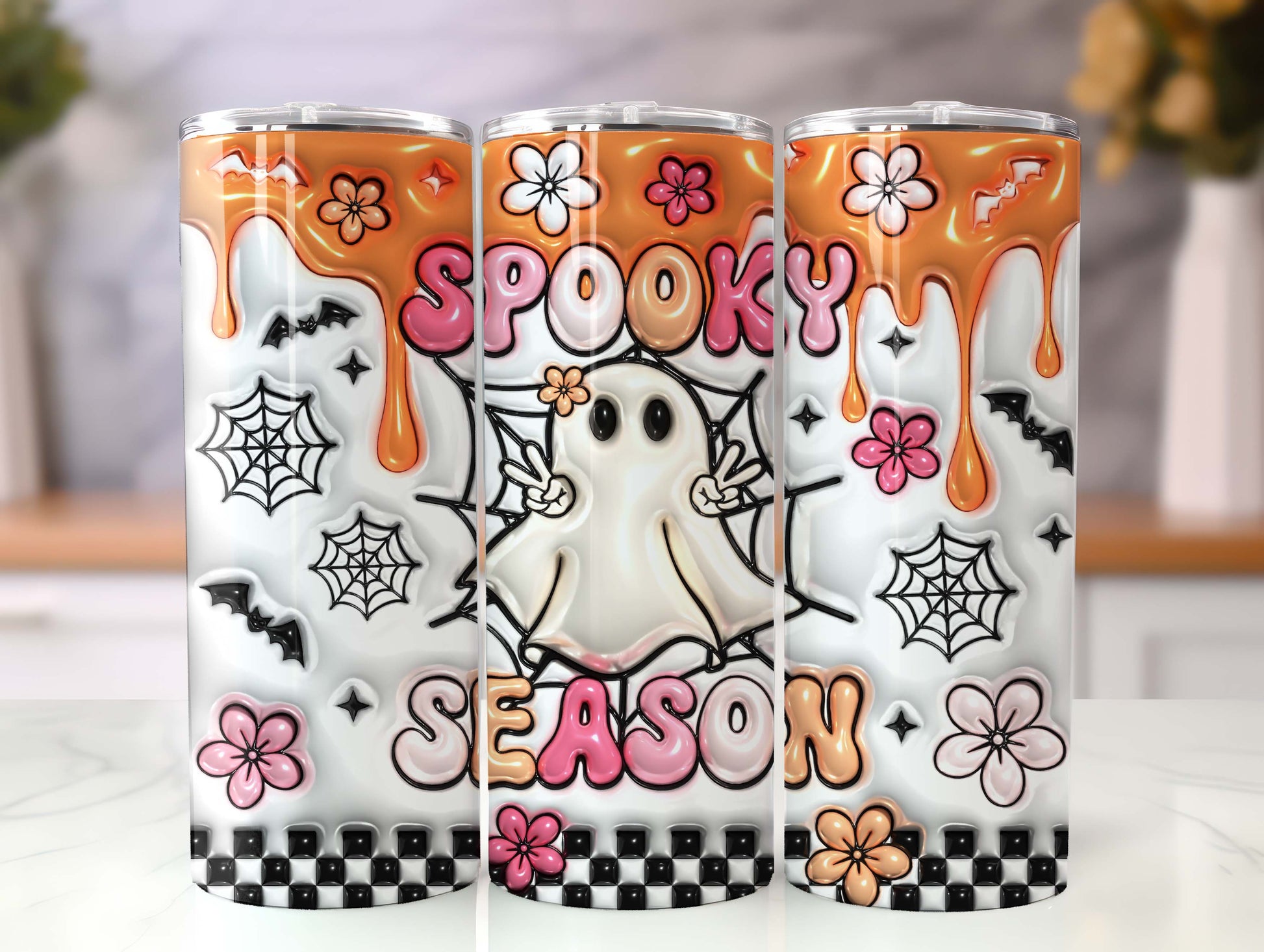 3D Inflated Retro Spooky Season Tumbler Wrap Design, Halloween Tumbler Wrap, 3D 20oz Sublimation Design png, Skinny Straight Tumbler Wrap - VartDigitals