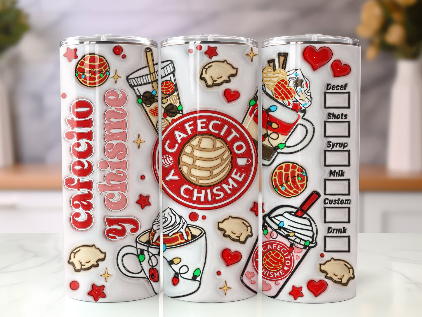 3D Cafecito y Chisme Christmas Conchas Inflated Tumbler Wrap, Concha Lights Christmas Puffy 20oz Tumbler Wrap, Xmas Conchas Mexicanas - VartDigitals