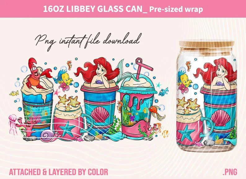 Ariel Tumbler Wrap, Princess Coffee Tumbler Wrap, 16oz Can glass, Skinny Tumbler Wrap, Can glass, Png download - VartDigitals