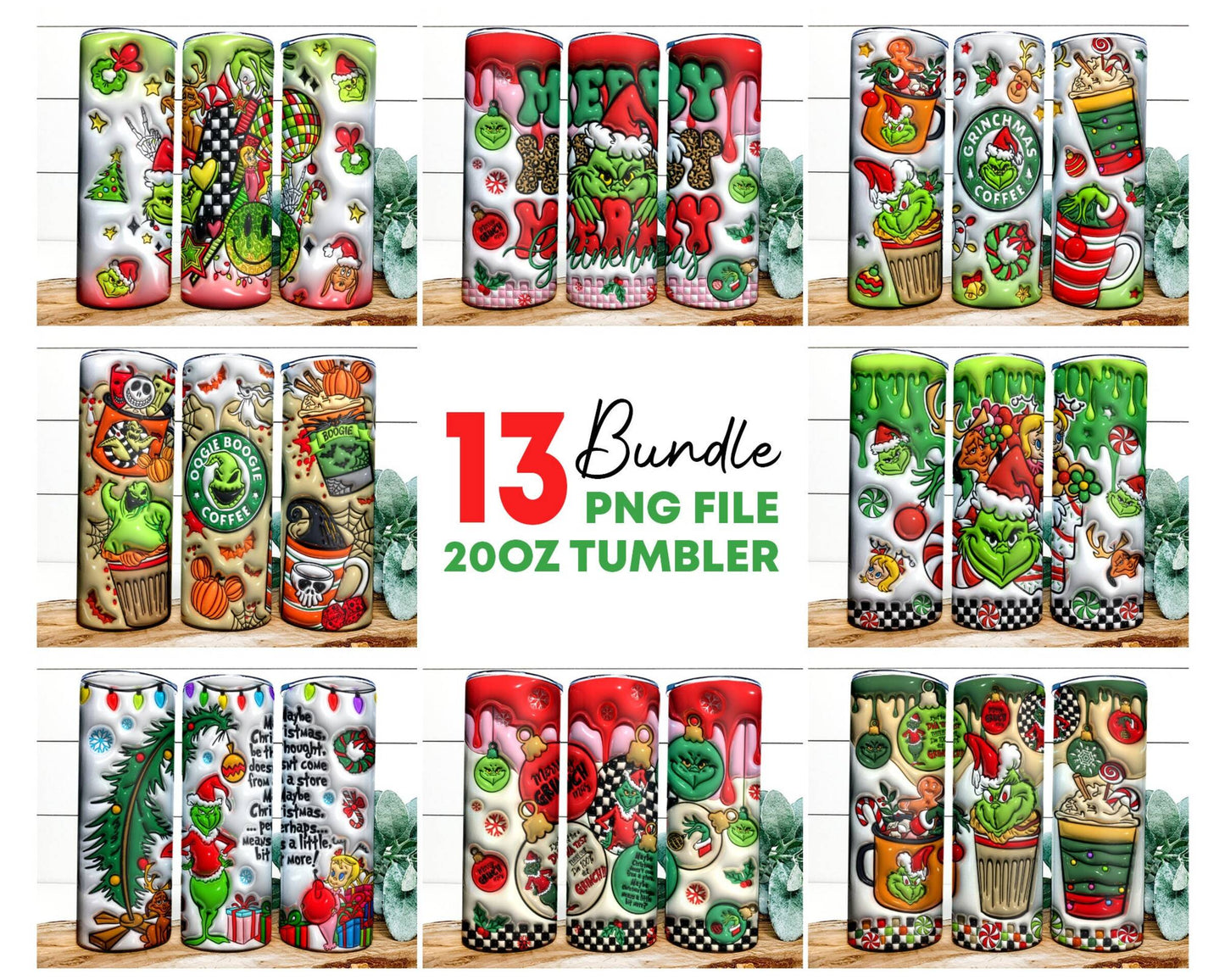 Bundle Inflated Christmas Tumbler,Merry Christmas, 3D Inflated Tumbler, Stink Stank Stunk, 3D Tumbler Wrap,20oz Skinny Tumbler,Christmas Png