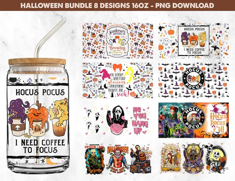 Bundle Halloween Can Glass Wrap, 16oz Can Glass, Trick or Treat, Boo Bash, Libbey Can Glass Wrap, Hocus Pocus Can Glass, Horror Movie Png - VartDigitals