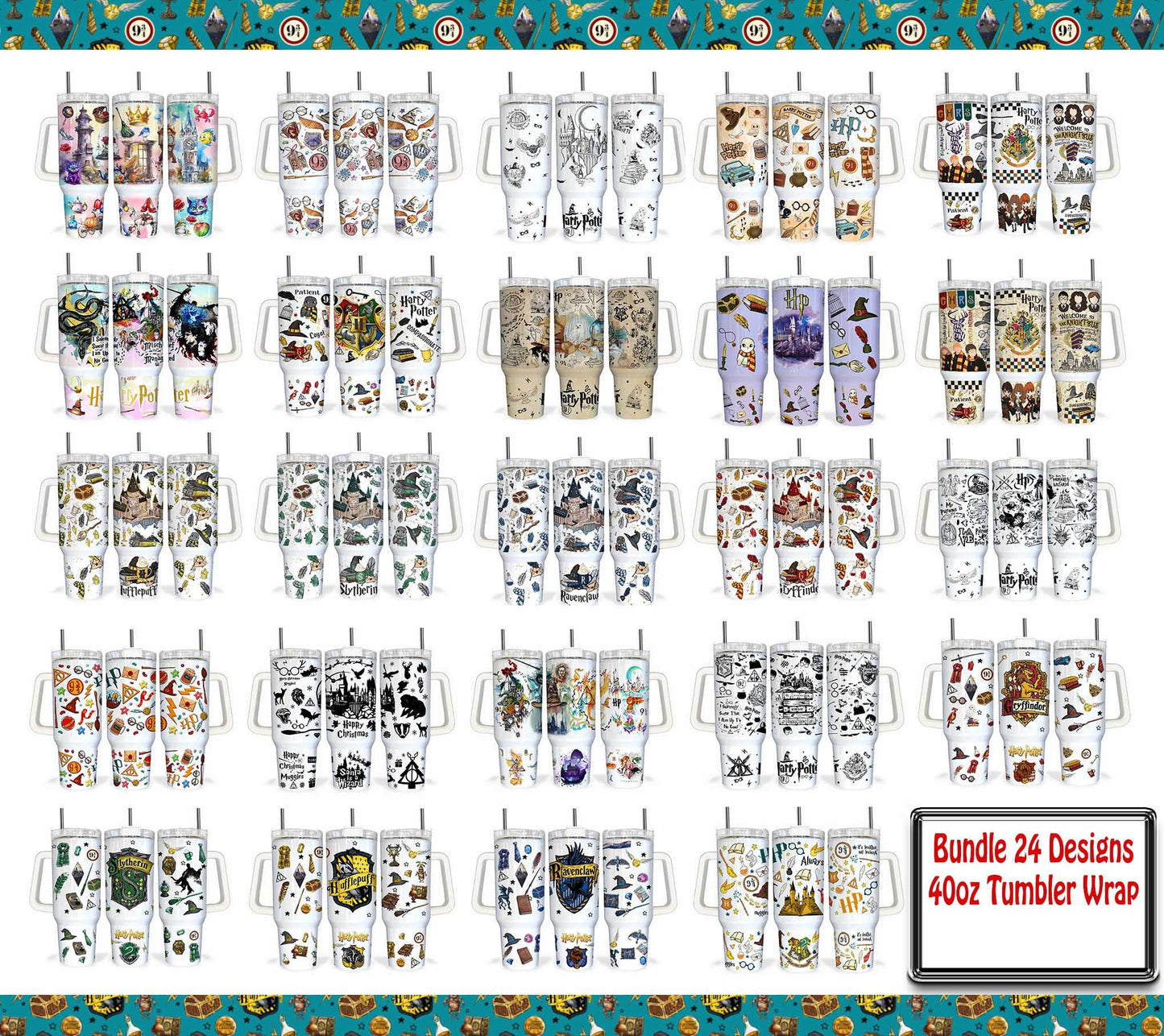 Bundle 25+ Designs Magic 40 oz Tumbler Wrap PNG, HP Quencher Tumbler Sublimation, Wizard Tumbler Png, HP Tumbler Png, HP Wrap