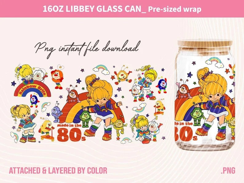 Cartoon 80s Can Glass, 80s baby cartoons png, rainbow girl Libbey Glass Can 16oz, rainbow brite Starbucks wrap, Retro 80s cartoons Tumbler Wrap