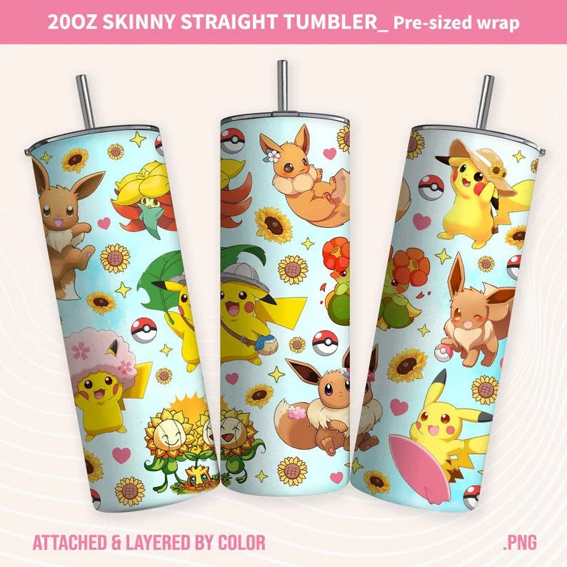 Cartoon Pokemon Tumbler Wrap, Pokemon 20oz Sublimation Straight Skinny Tumbler Design Wrap, Pokemon Tumbler Wrap, Tumbler Wrap, Instant Download