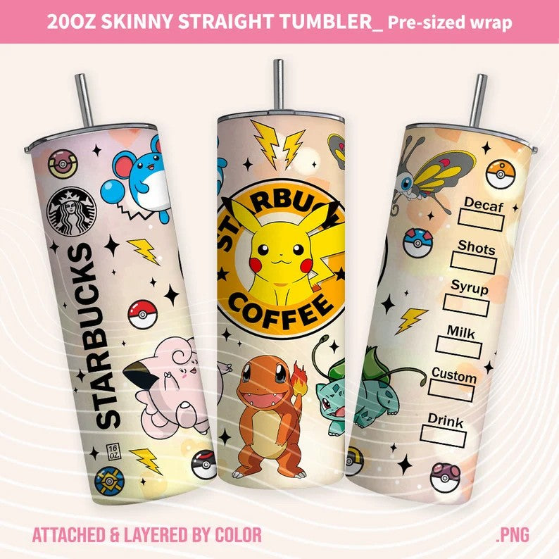 Cartoon Tumbler Wrap, Pokemon 20oz Sublimation Straight, Skinny Tumbler Design Wrap, PokemonTumbler Wrap, Tumbler Wrap, Png Instant Download - VartDigitals