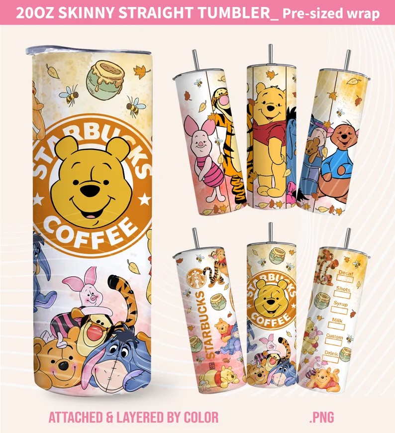 Cartoon Tumbler Wrap, Pooh Spring Tumbler Wrap, 20oz Skinny Tumbler, Glitter Tumbler Wrap, Cartoon Wrap, Coffee Tumbler Wrap, Skinny Tumbler - VartDigitals