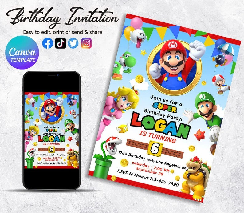 Editable Mario Bros Birthday Boy Invite, Mario Birthday Invitation, Mario Birthday Party Theme, Digital Invite, Kids Birthday Invitation - VartDigitals