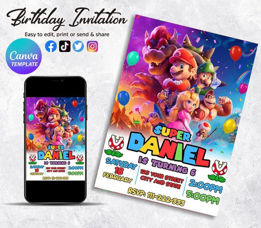 Editable Mario Invitation, Super Mario Invite, Luigi Invite, Mario Birthday Invitation, Mario Birthday Party Theme, Digital Invite - VartDigitals