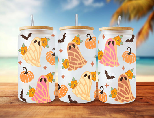 Spooky Conchas 16oz Libbey Glass Can, Pumpkins, Mexican Pan Dulce Ghost, Dia de Muertos, Conchas Ghost, Cafecito, Fall Vibes Png Download - VartDigitals