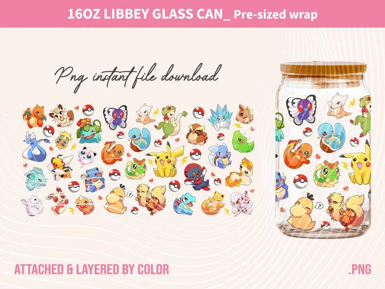 Gotta catch ‘em all Can Glass, Poke Glass Can Wrap, Cartoon Libbey Can Glass 16oz PNG Digital Download - VartDigitals