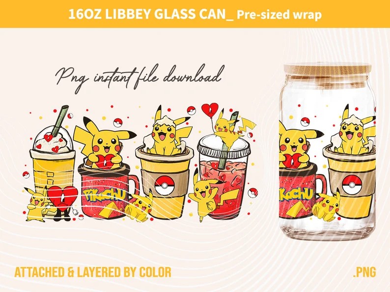 Gotta catch ‘em all Can Glass, Poke Glass Can Wrap, Pokemon Libbey Can Glass 16oz PNG Digital Download, Poke Bad Bunny Glass Can Wrap - VartDigitals