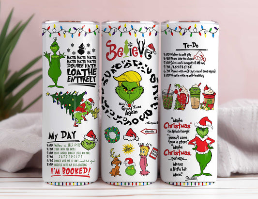 Cartoon Funny Christmas Tumbler PNG, 3D Christmas Coffee Tumbler Wraps 20oz Skinny Sublimation, Merry Grinchmas, My Day Tumbler