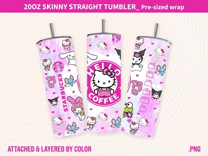 Kawaii Kitty Tumbler Wrap, Cartoon Tumbler, 20oz Straight Skinny Wrap, Pink Kitty Png, Pink Cat Tumbler Wrap, Png Sublimation Design - VartDigitals