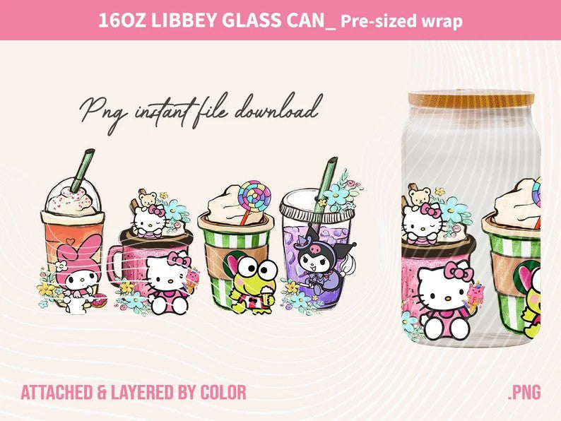 Kitty and Friends Pink Cat PNG, 16oz Glass Can Wrap, 16oz Libbey Can Glass, Easter Tumbler Wrap, Full Glass Can Wrap, Cartoon Tumbler - VartDigitals