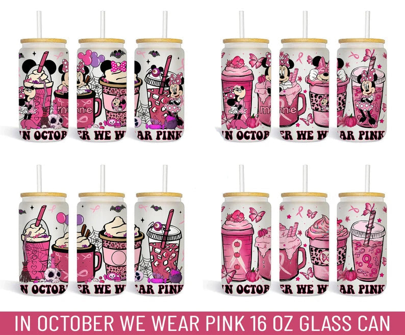 Pink Coffee Design Png, 16oz Libbey Can Glass, Minnie Coffee Tumbler, In October We Wear Pink PNG, Full Glass Can Wrap, Digital Download