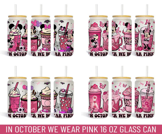 Pink Coffee Design Png, 16oz Libbey Can Glass, Minnie Coffee Tumbler, In October We Wear Pink PNG, Full Glass Can Wrap, Digital Download