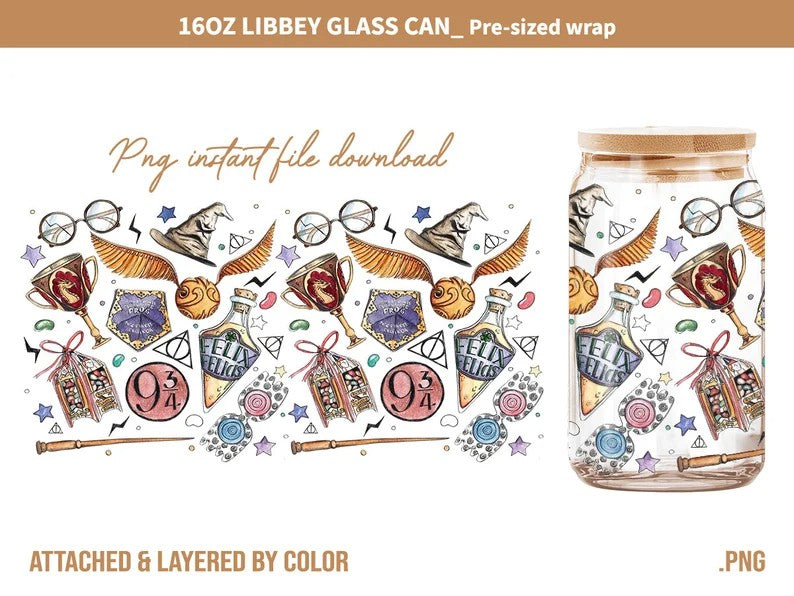 Potterhead Libbey Glass PNG, Can Glass Wrap PNG, 16oz Can Glass png, Magic Can Glass Full Wrap png, 16oz Coffee Glass png, Libbey can wrap - VartDigitals