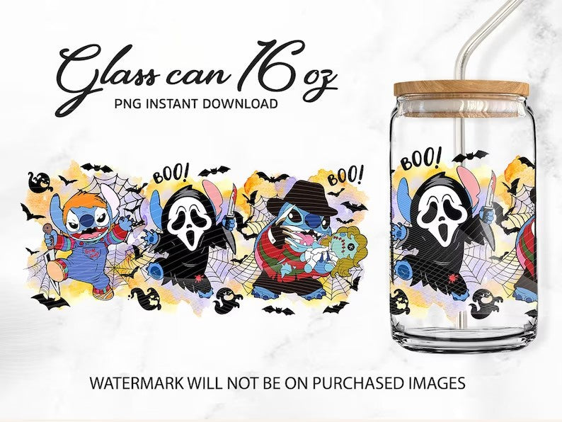 Stitch 16oz, Stitch Tumbler Wrap, Halloween Tumbler, 16oz Libbey Can Glass, Horror Stitch Tumbler, Cartoon Tumbler, Full Tumbler Wrap - VartDigitals