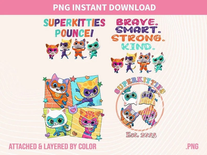 Superkitties Pounce Bundle PNG, Superkitties PNG, Super Cat Designs, Bitsy Cat, Ginny Cat, Buddy Cat, Sparks, Junior Superkities Designs - VartDigitals