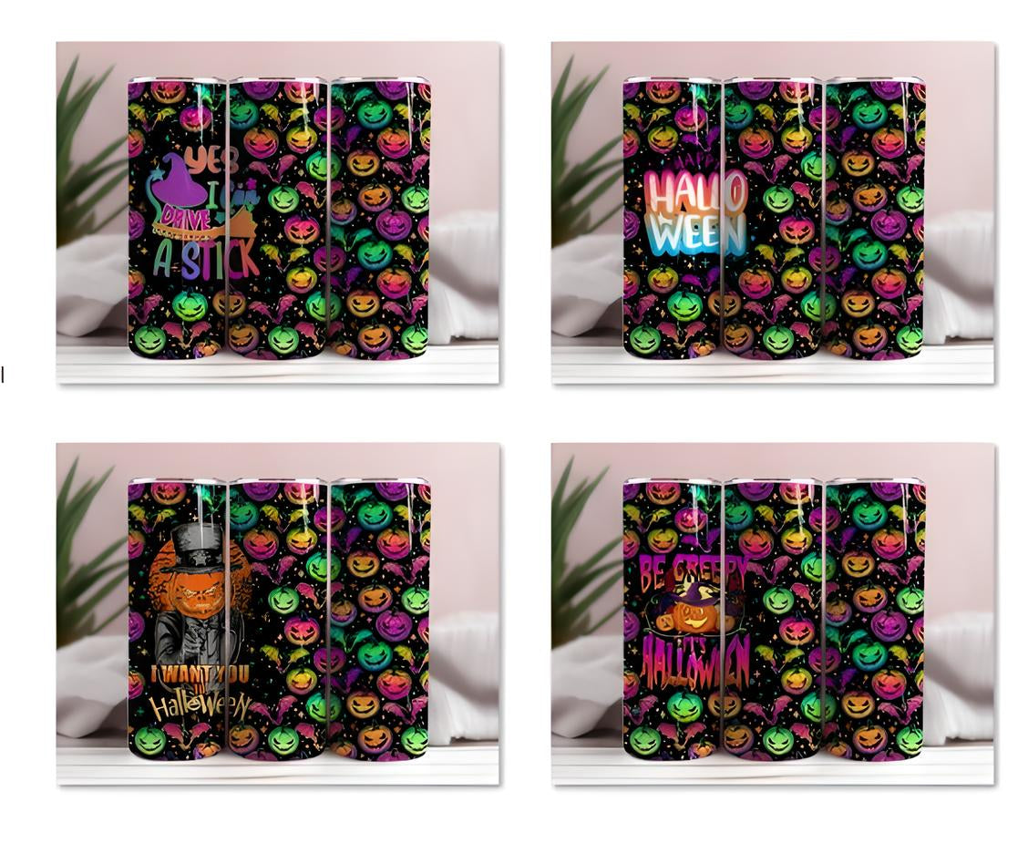 Bright Multicolored Halloween Pumpkins Tumbler Wrap, Colorful Pumpkin Halloween Sublimation Design, 20oz Skinny Tumbler, Pumpkin Tumbler PNG