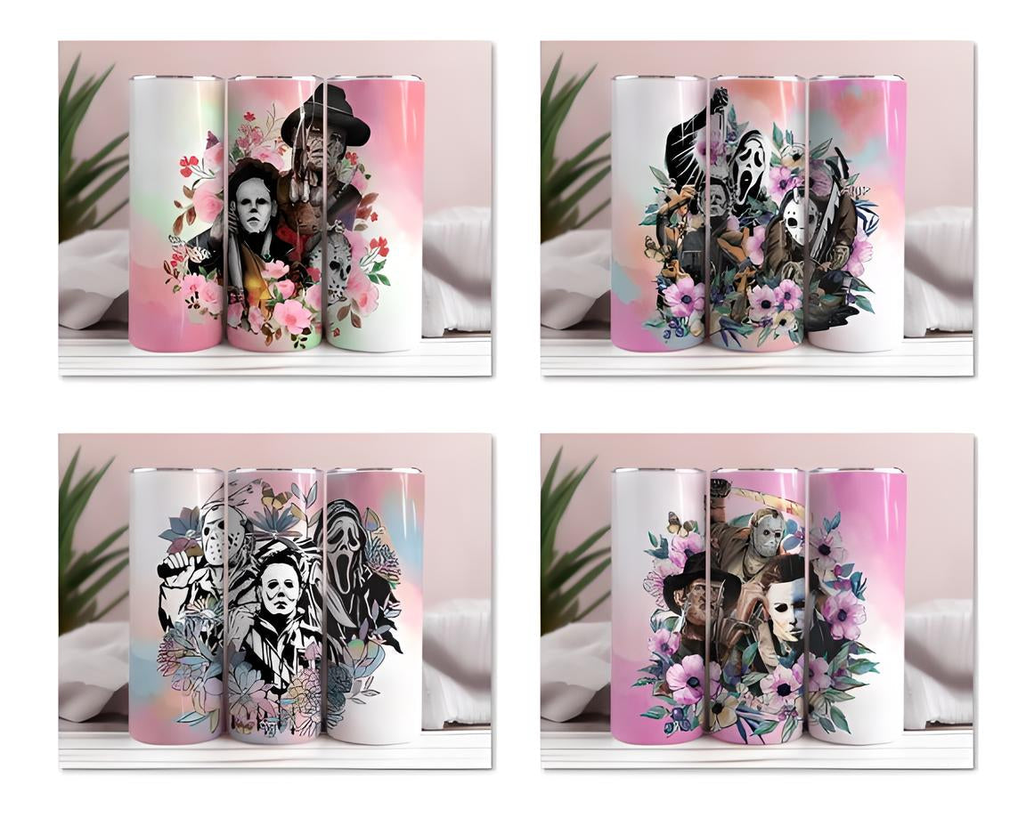 Horror Characters 20oz Skinny Straight Designs, Horror Movie Tumbler Designs, Digital download, Cartoon Character Tumbler Wrap PNG, PNG Download