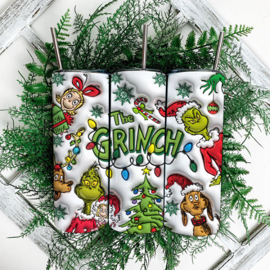 3D Inflated Cartoon Christmas Tumbler PNG, 3D Christmas Coffee Tumbler Wraps 20oz Skinny Sublimation, Merry Grinchmas, My Day Tumbler - VartDigitals