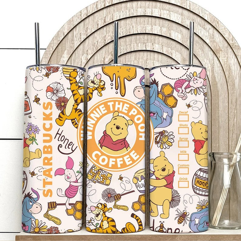 Pooh Spring Cartoon 20oz Skinny Tumbler Wrap Design PNG, Floral Skinny 20oz, Straight_Tapered Tumbler Design, Digital Download,Png Download - VartDigitals