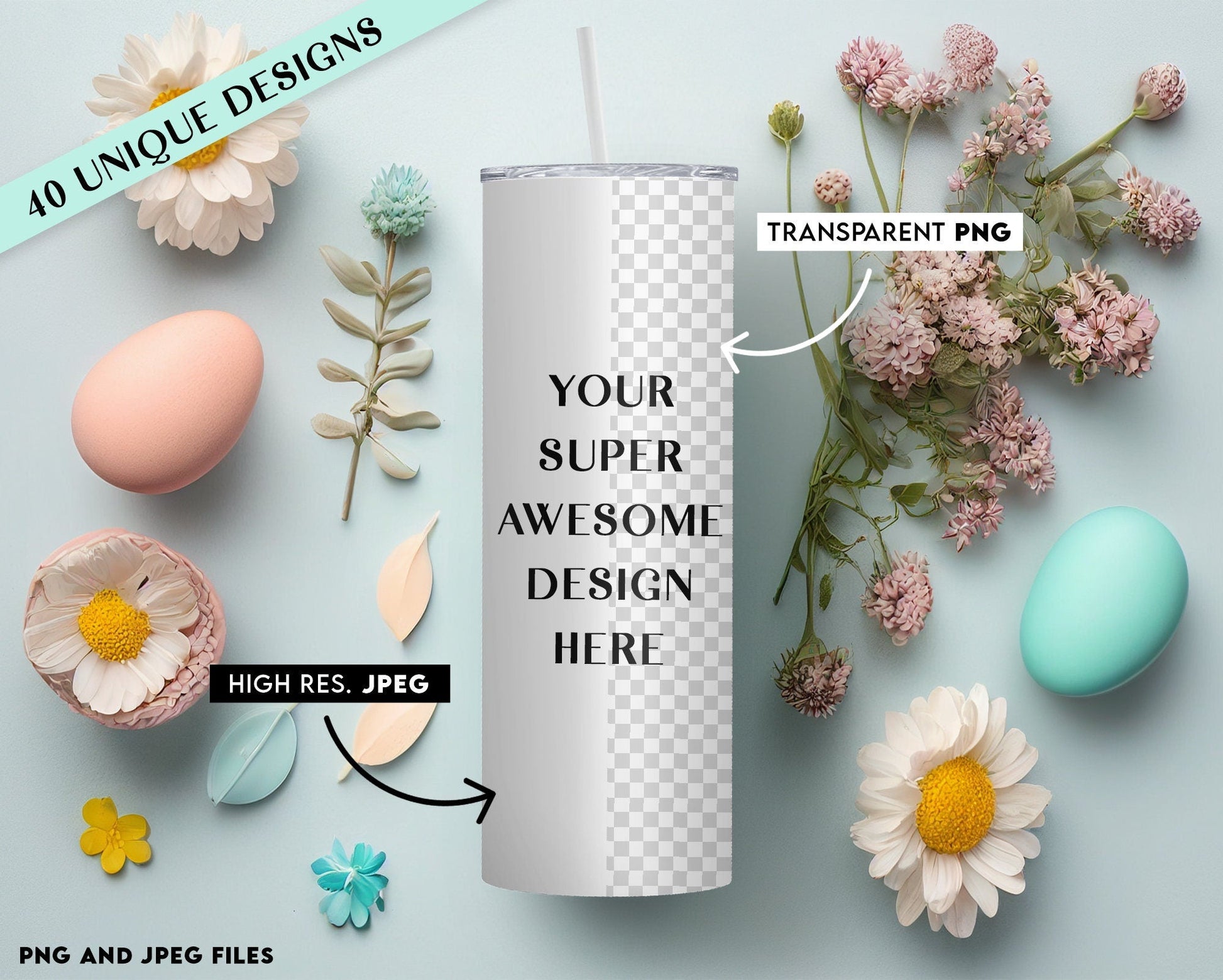 40 x Easter Theme Skinny Tumbler Mockup Mega Bundle - 20oz Skinny Tumbler Mockup - Tumbler Mock Edit on Canva or PS - Transparent Background - VartDigitals