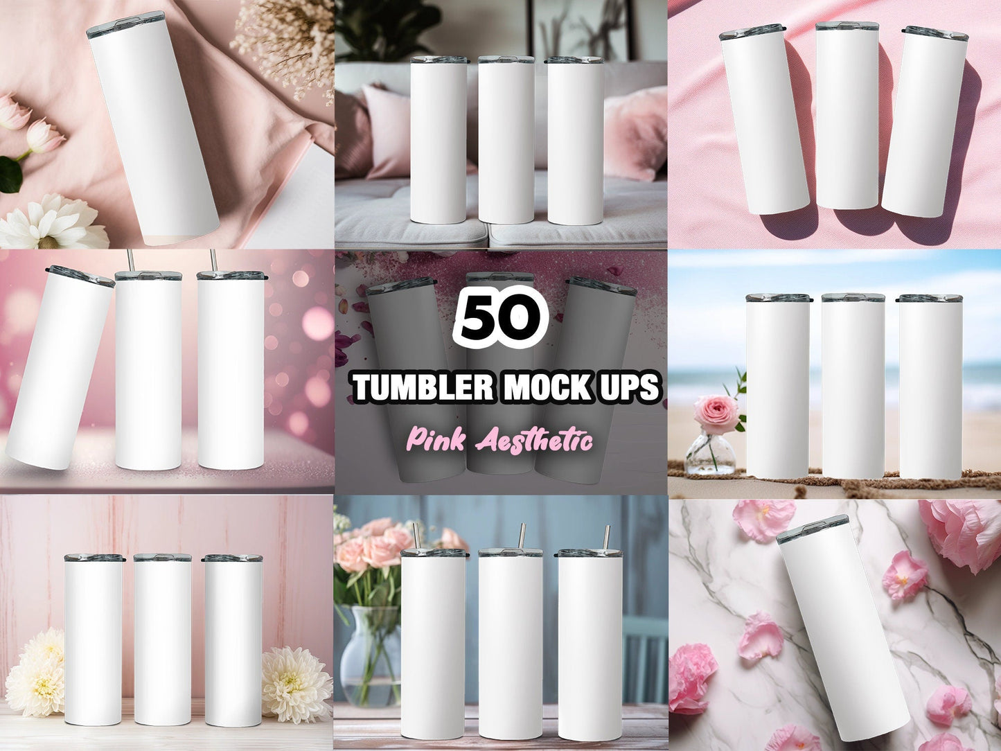 50 Different Pink 20z Tumbler Straight Mock Ups PNG File - Edit in CANVA, Photoshop, and More  50 Backgrounds Realistic Mock Up Tumbler - VartDigitals