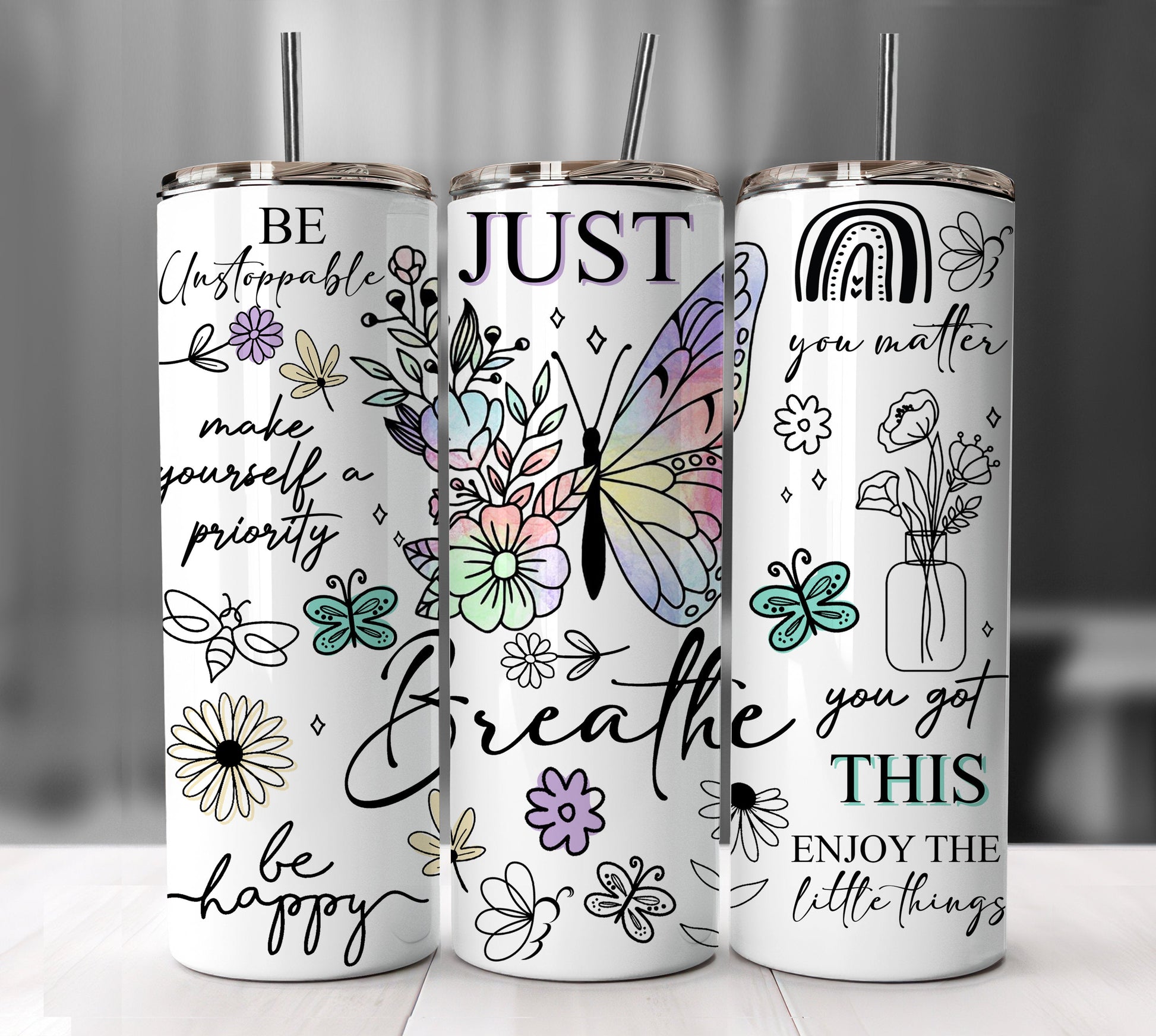 Positive Affirmations Tumbler Wrap, Butterflies Inspirational Quotes PNG Downloads, Positive 20oz Tumbler Png, Summer Skinny Tumbler Design - VartDigitals