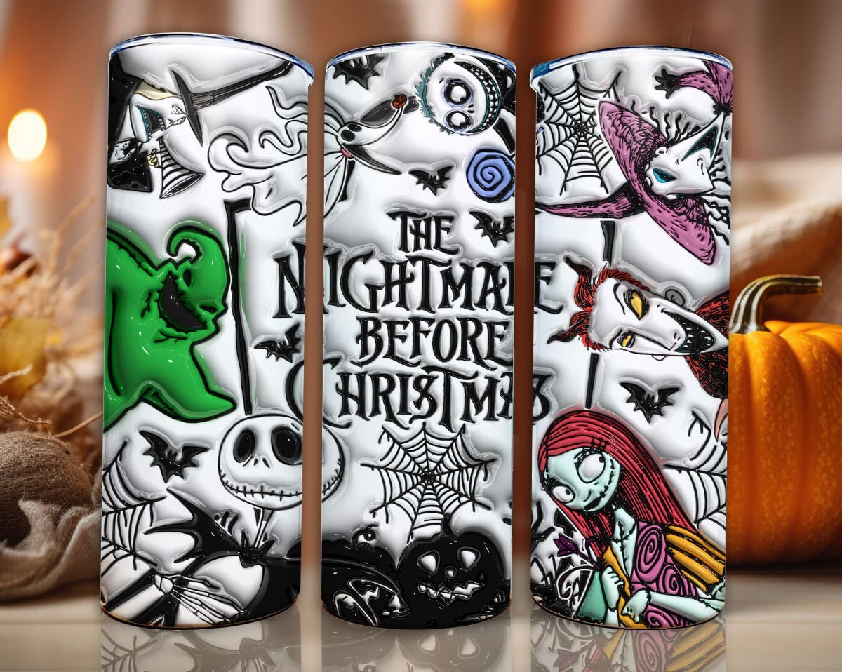 3D Inflated Halloween Tumbler Wrap, Cartoon Halloween Tumbler Png, The Nightmare Before Christmas 20oz Skinny Tumbler, 3D Tumbler Wrap - VartDigitals