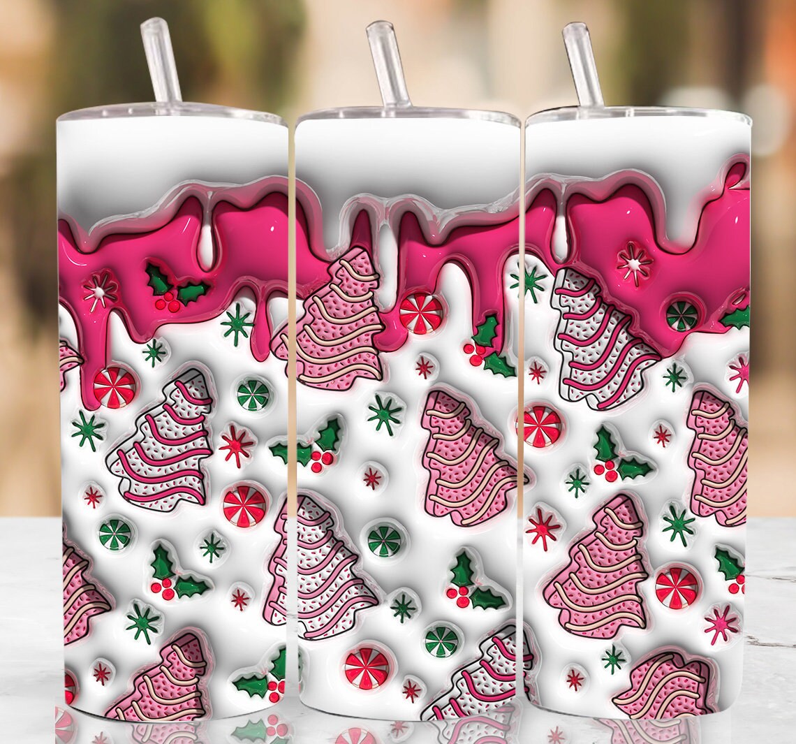 3D Pink Christmas Tree Cakes Inflated Tumbler Wrap, Christmas Snack Cakes Puffy Tumbler, Xmas Coffee Puffy Tumbler, Milk Cookies For Santa - VartDigitals