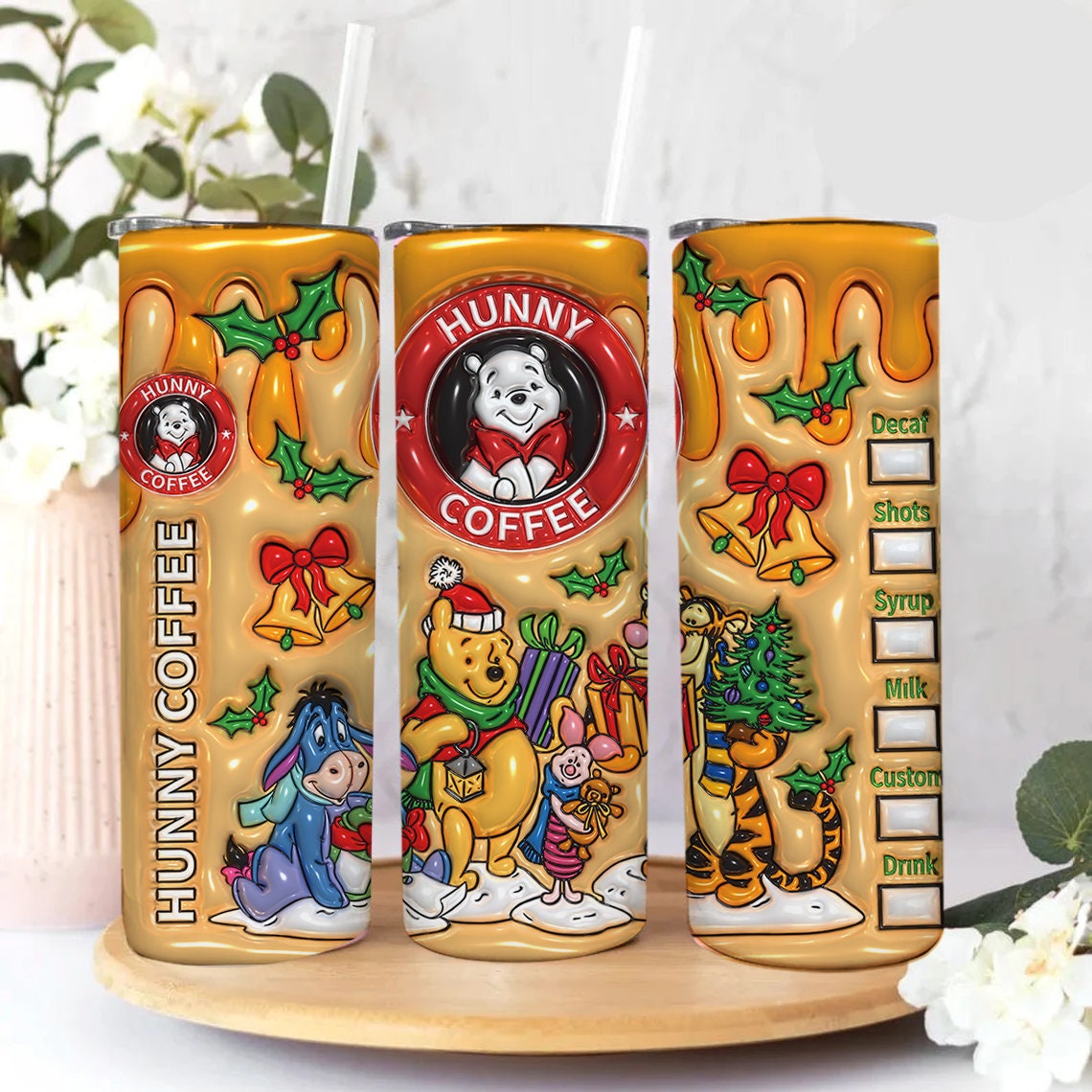 3D Inflated Cartoon Christmas Tumbler Wrap, Hunny Coffee Design Download PNG, 20 Oz Digital Tumbler Wrap, Merry Christmas, Christmas Vibes - VartDigitals