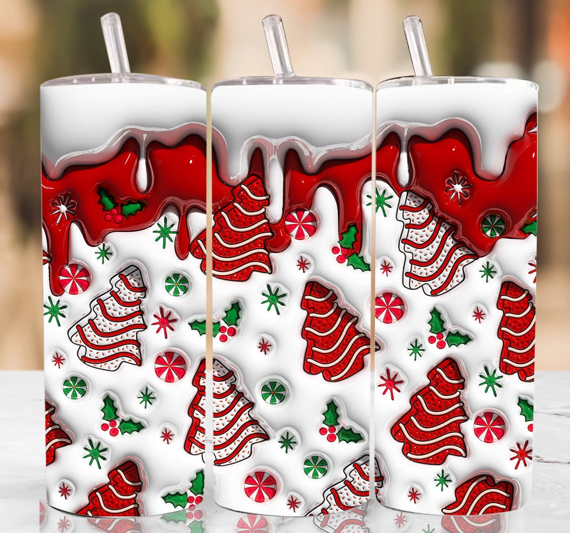 3D Christmas Tree Cakes Inflated Tumbler Wrap, Christmas Snack Cakes Puffy Tumbler, Xmas Coffee Puffy Tumbler, Milk Cookies For Santa - VartDigitals