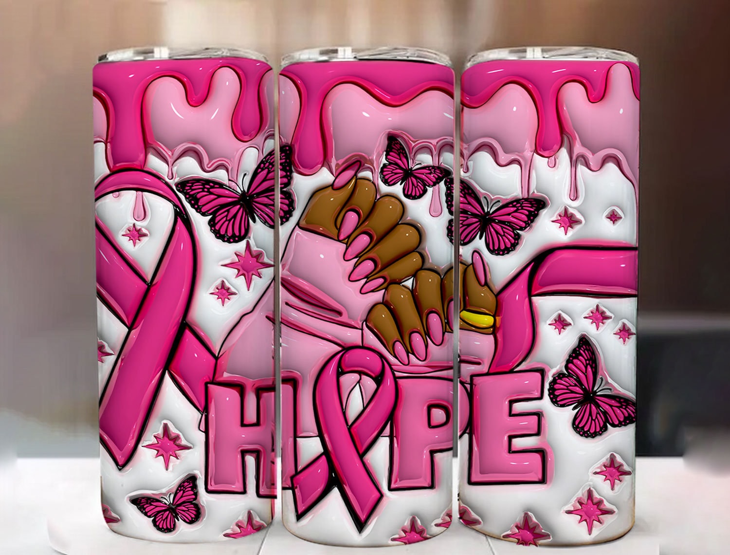 3D Inflated Black Breast Cancer 20oz Skinny Tumbler Wrap, 3D Puff Breast Cancer Tumbler Digital Download, 3D Breast Cancer Awareness Png - VartDigitals