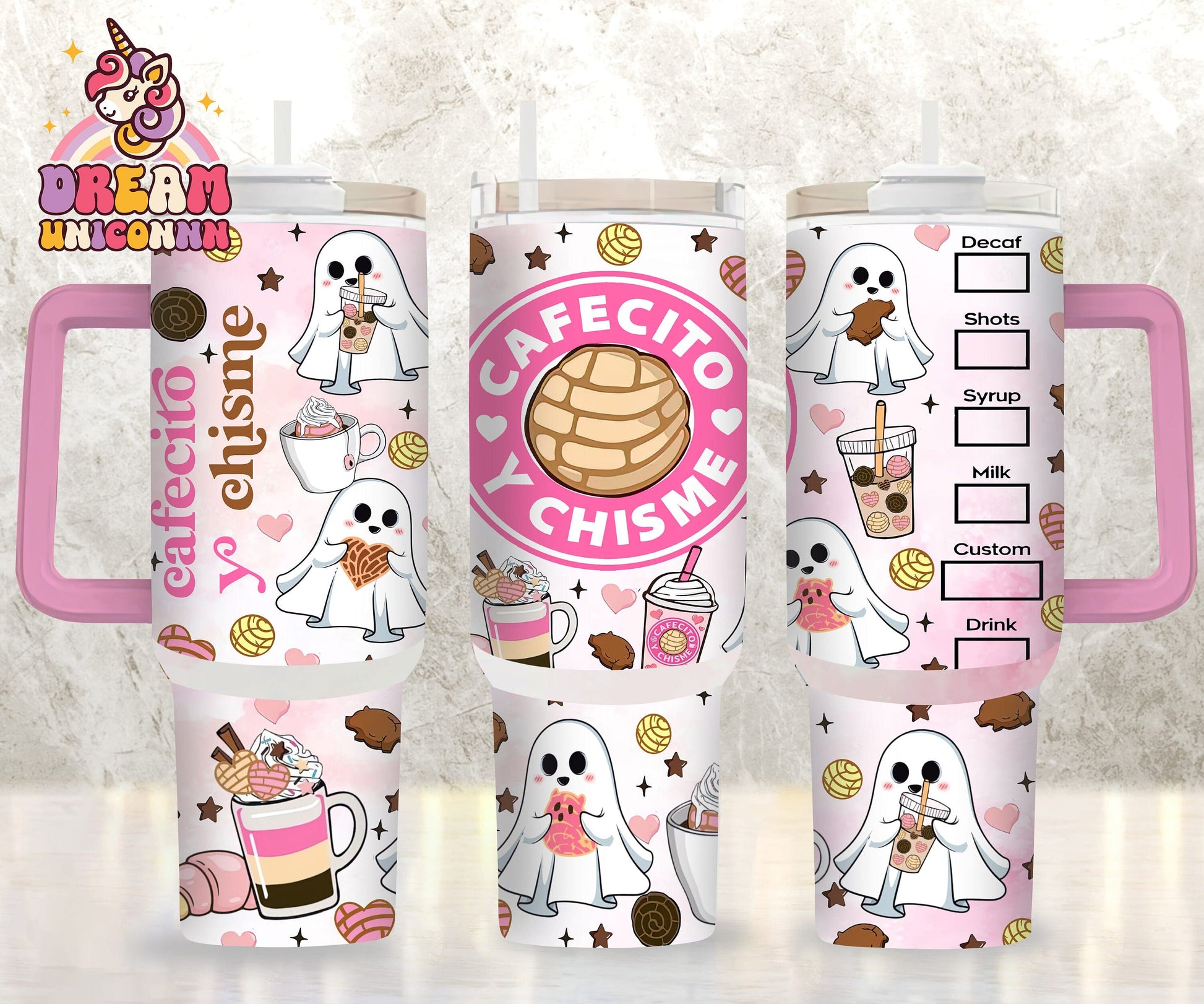 Cafecito Y Chrisme 40 oz Tumbler Wrap, Spooky Conchas, Mexican Pan Dulce Ghost Tumbler With Handle, Conchas Mexicanas, Creepy Conchita Era - VartDigitals