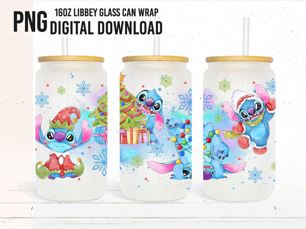 Cartoon Watercolor Can Glass Wrap, 16oz Can Glass, Libbey Can Glass, Stitch Christmas Wrap, Cartoon Tumbler Wrap, Png Instant Download - VartDigitals