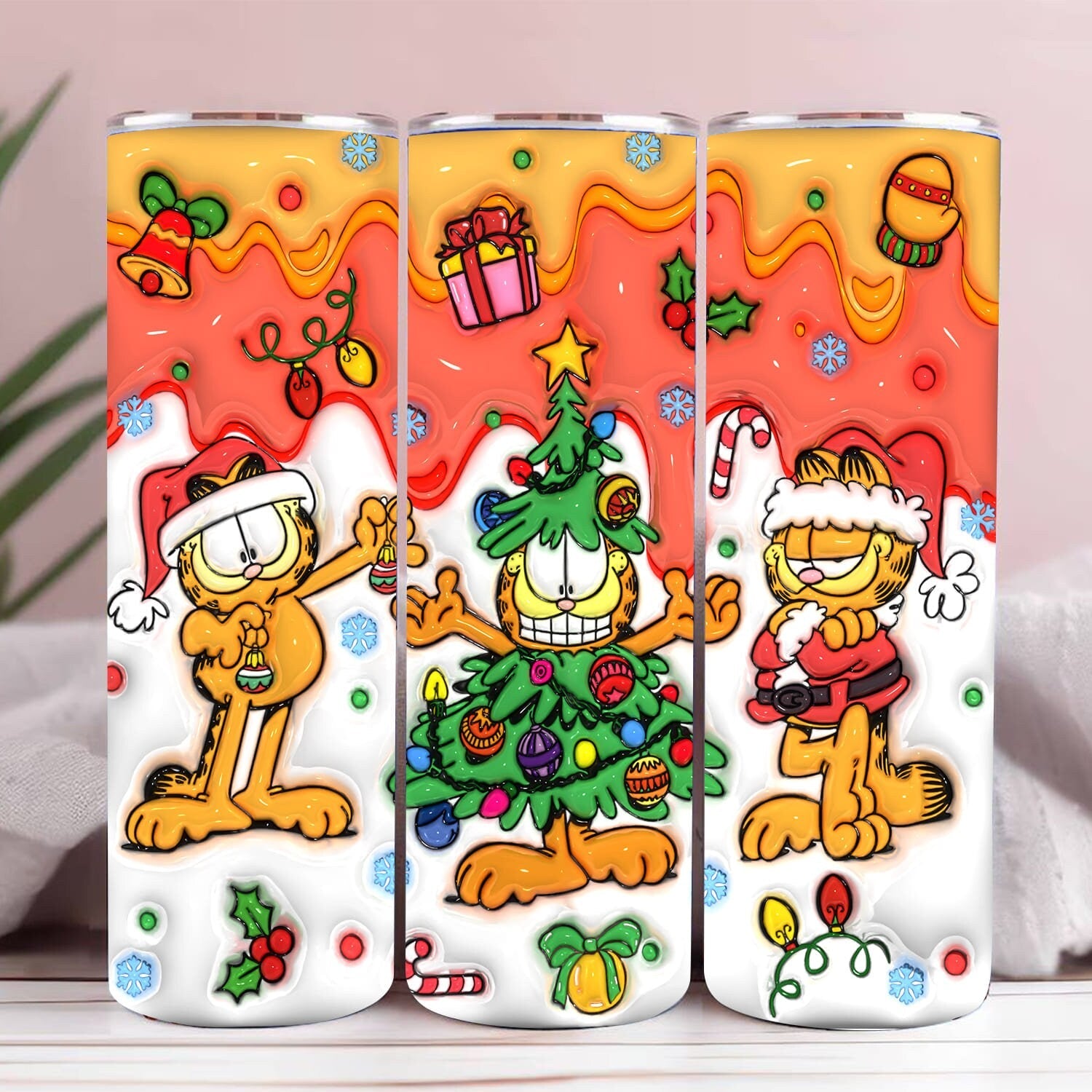 Inflated 3D Cartoon 80s Christmas Tumbler Wrap, 3D Cartoon Christmas Tumbler Sublimation, 80s Funny Cat Png, Puffy 80s Cartoon Tumbler Png - VartDigitals