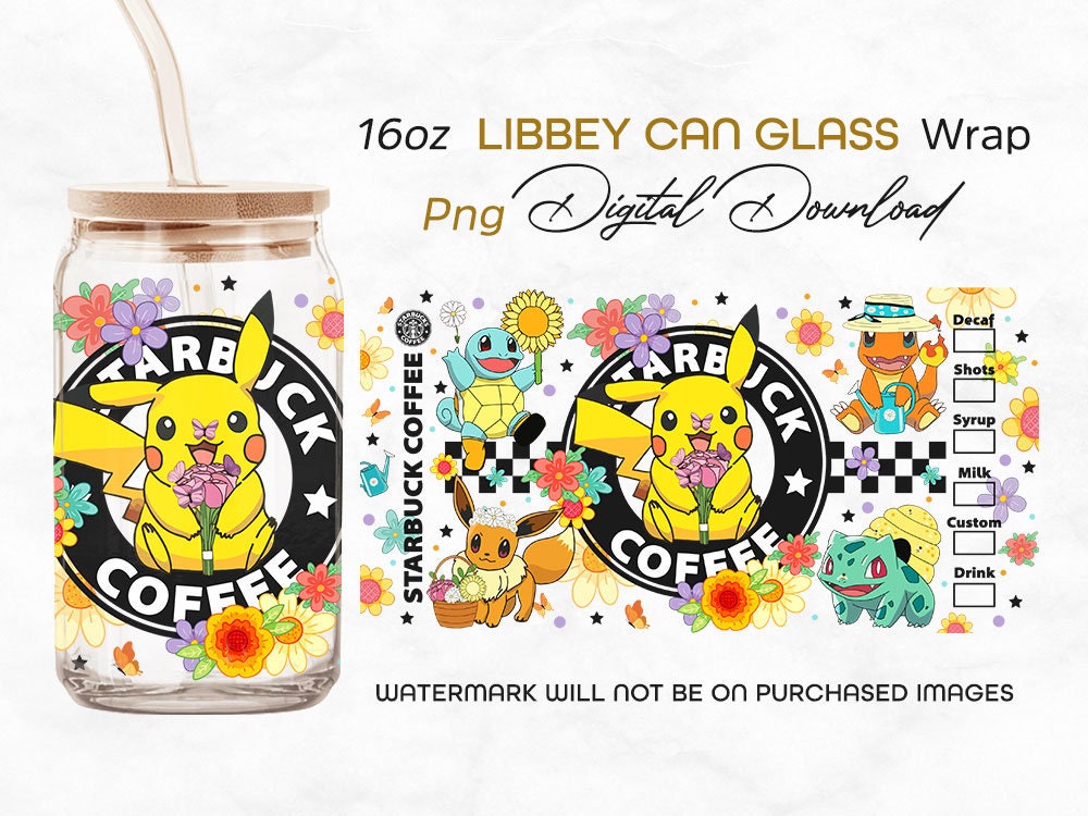 Cartoon Poke Tumbler PNG, 16oz Libbey Glass Can, Can Glass Wrap,Anime Cartoon Sublimation,Digital Game Tumbler, Kids Movie Tumbler - VartDigitals