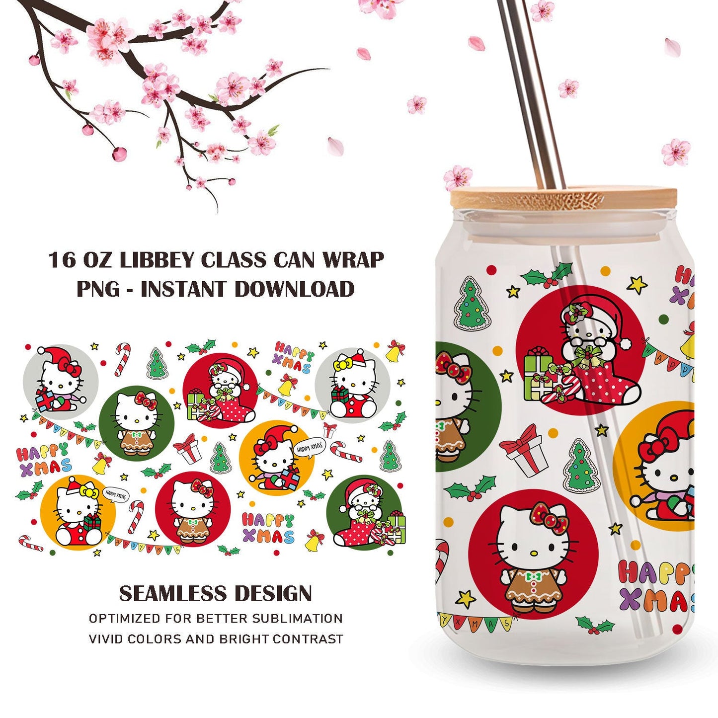 Kawai Kity and Friends Libbey Wrap png, Glass can Wrap Kawai Png, Instant Download PNG File Retro Floral Libbey Glass Wrap - VartDigitals