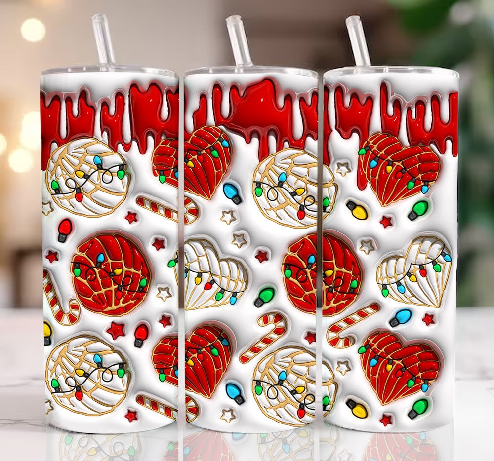 3D Christmas Conchas Cafecito y Chisme Inflated Tumbler Wrap, Concha Lights Christmas Puffy 20oz Tumbler Wrap, Xmas Conchas Mexicanas - VartDigitals