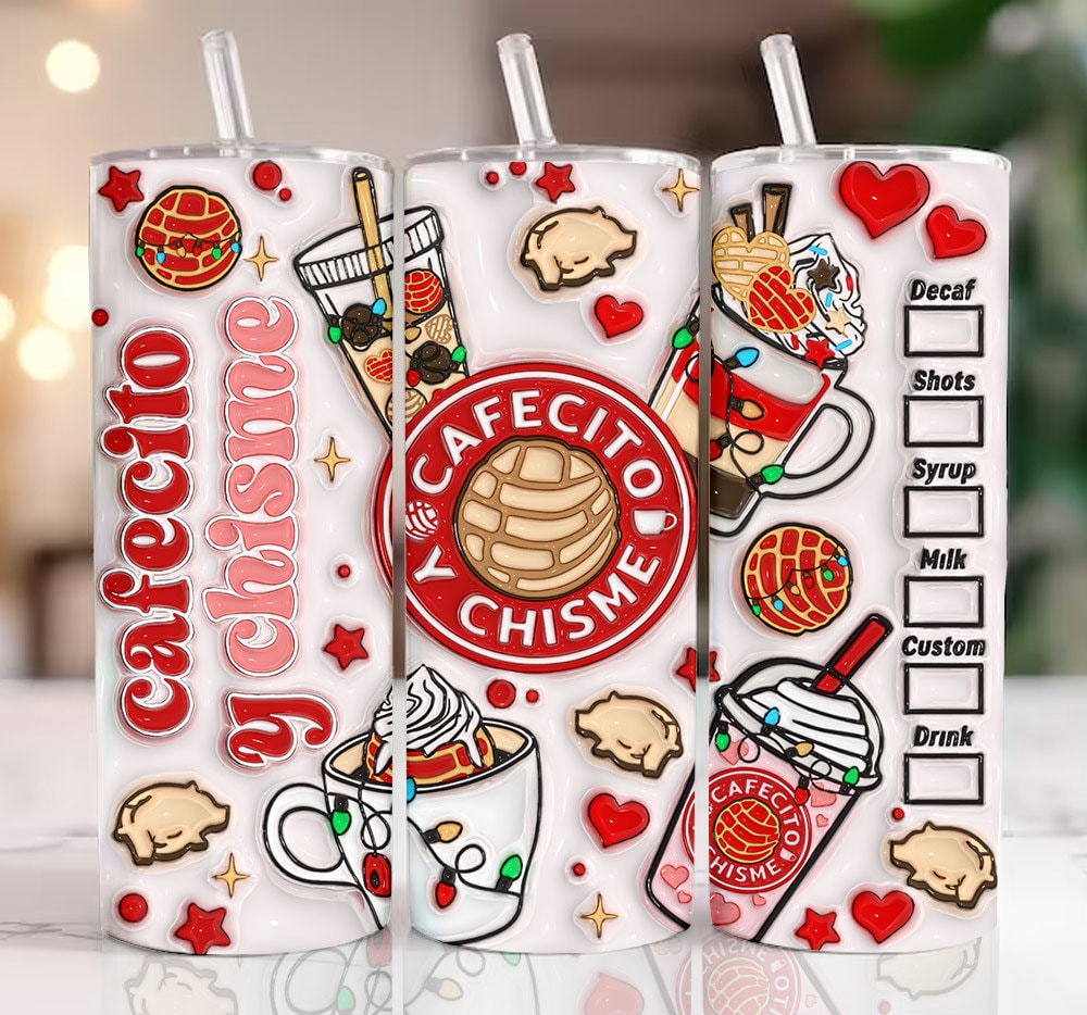 3D Cafecito y Chisme Christmas Conchas Inflated Tumbler Wrap, Concha Lights Christmas Puffy 20oz Tumbler Wrap, Xmas Conchas Mexicanas - VartDigitals