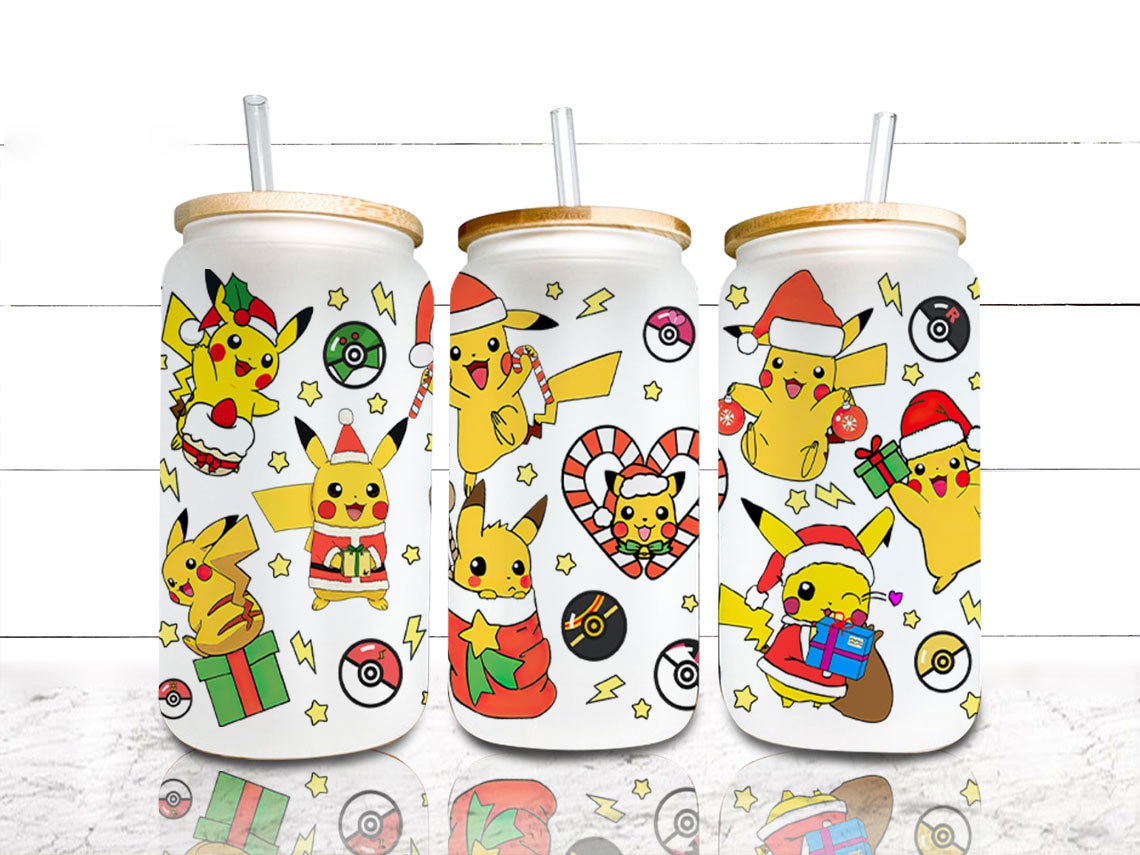 Cartoon Christmas Tumbler PNG, 16oz Libbey Glass Can Wrap, Pika Anime Sublimation, Cartoon Wrap, Gotta catch ‘em all, Poke Can Wrap - VartDigitals