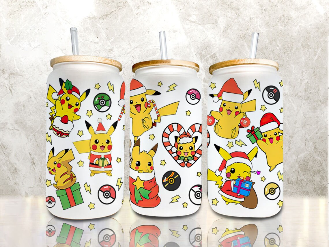 Cartoon Christmas Tumbler PNG, 16oz Libbey Glass Can Wrap, Pika Anime Sublimation, Cartoon Wrap, Gotta catch ‘em all, Poke Can Wrap - VartDigitals